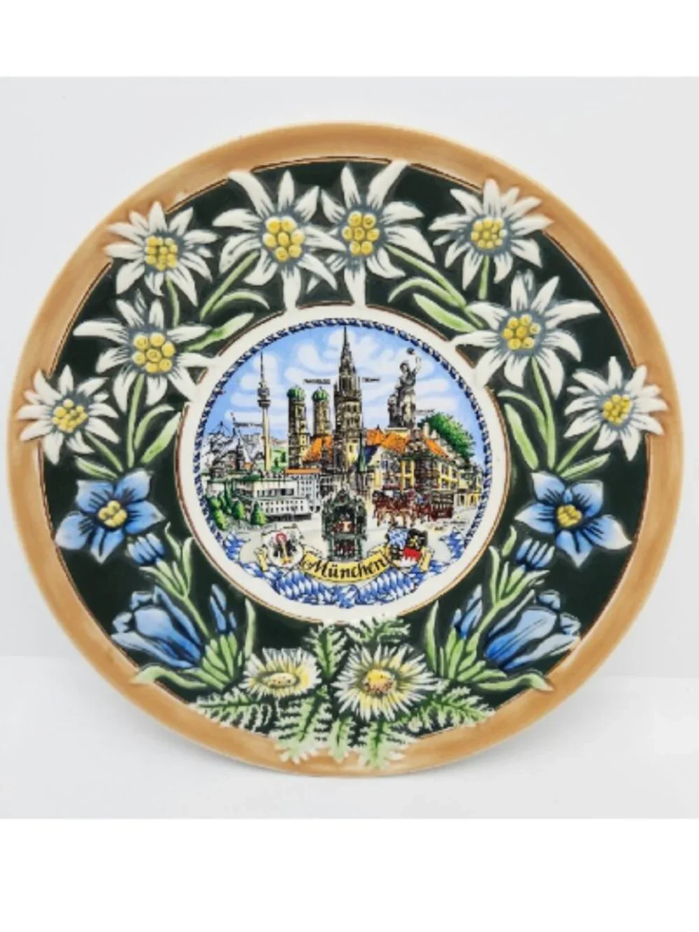 Gerz Decorative Wall Plate, Munchen, with Raised Flowers, Germany
